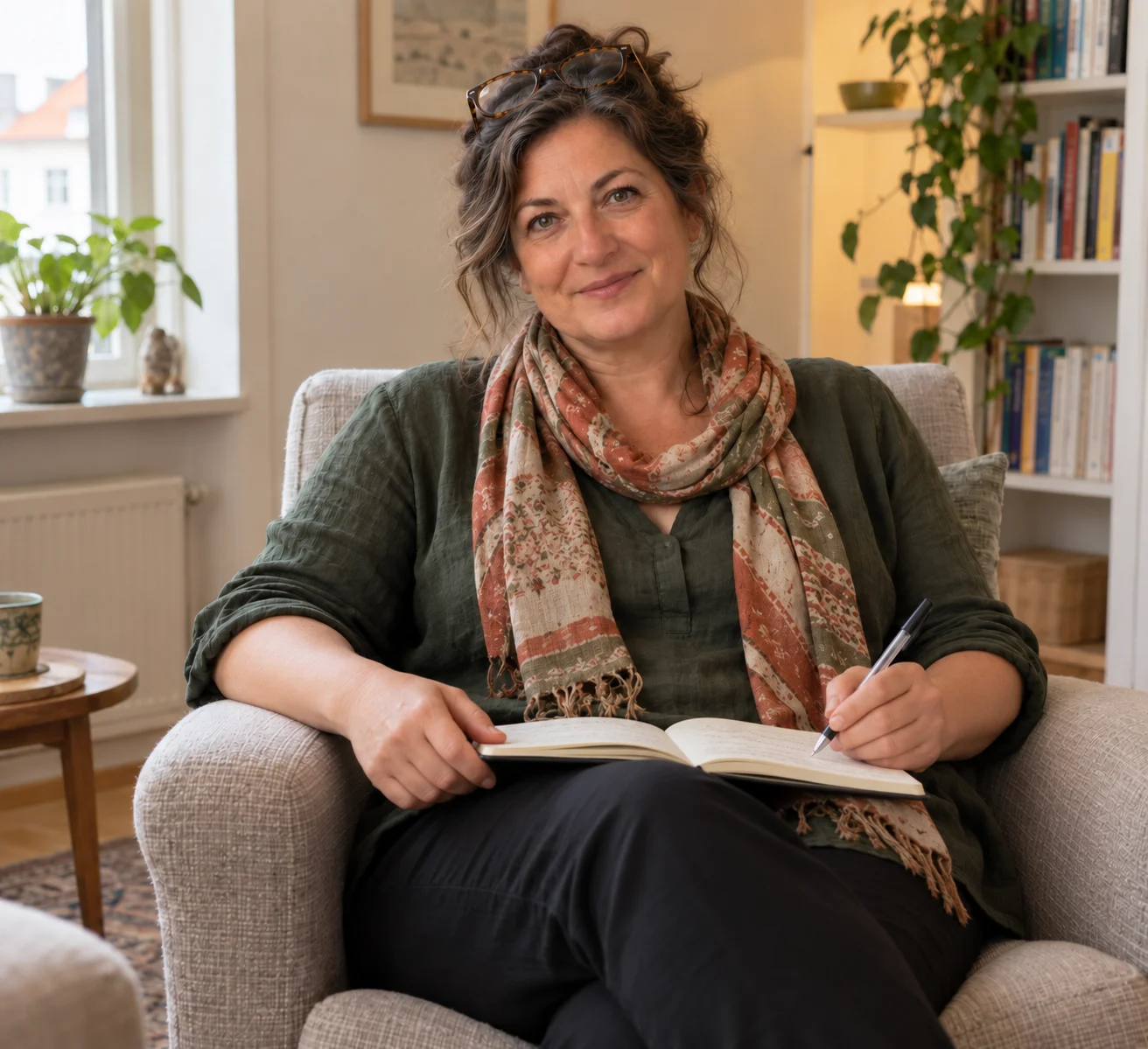 Anna med notesbog i sit samtalerum