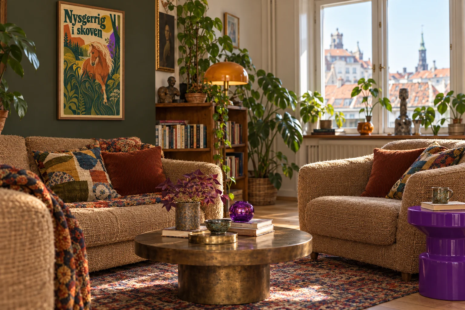 Samtalerum med hessian, patchwork og plakaten Nysgerrig i skoven · AI-genereret