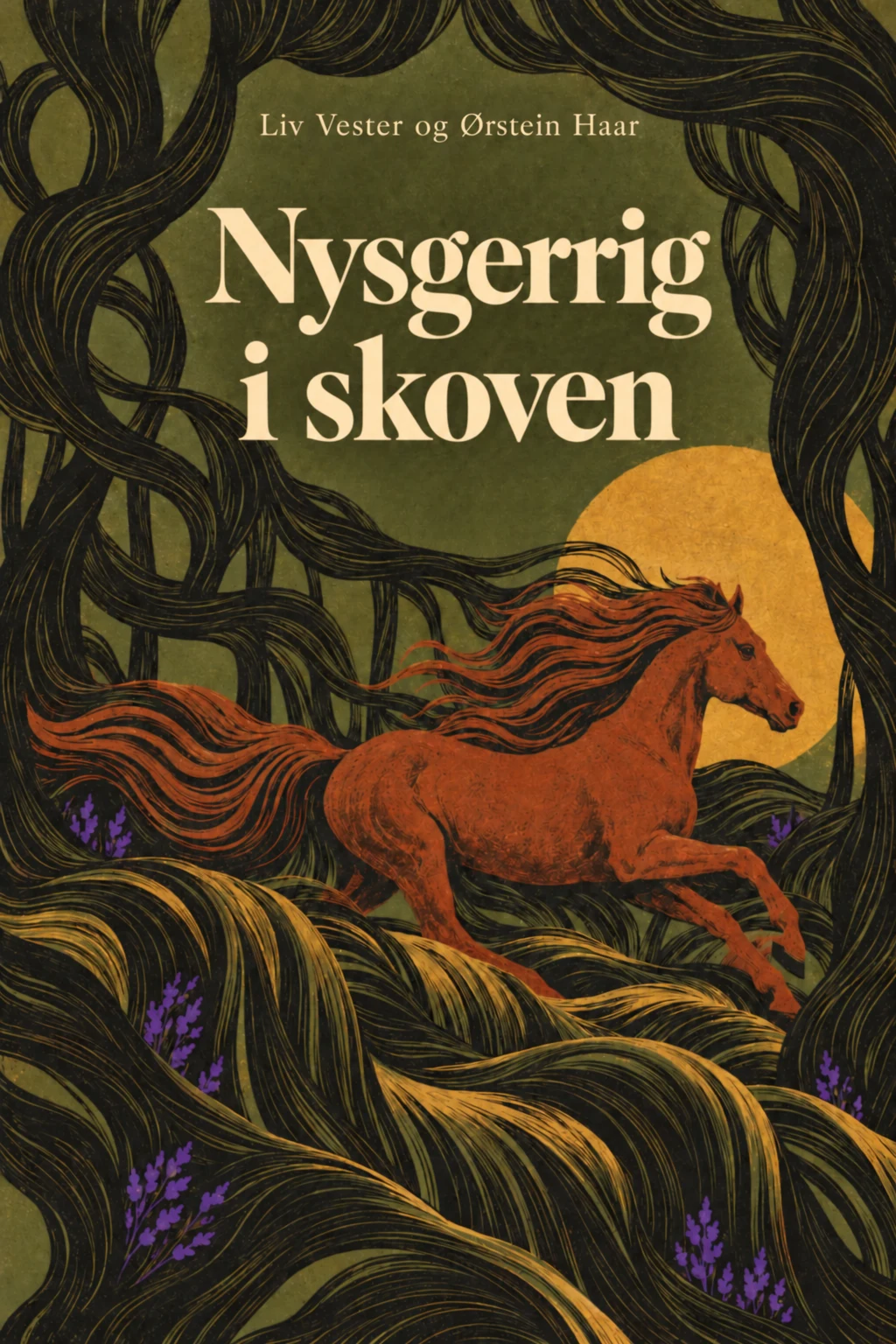 Nysgerrig i skoven · Fiktivt bogomslag med en hest i en skov af sort hår · AI-genereret